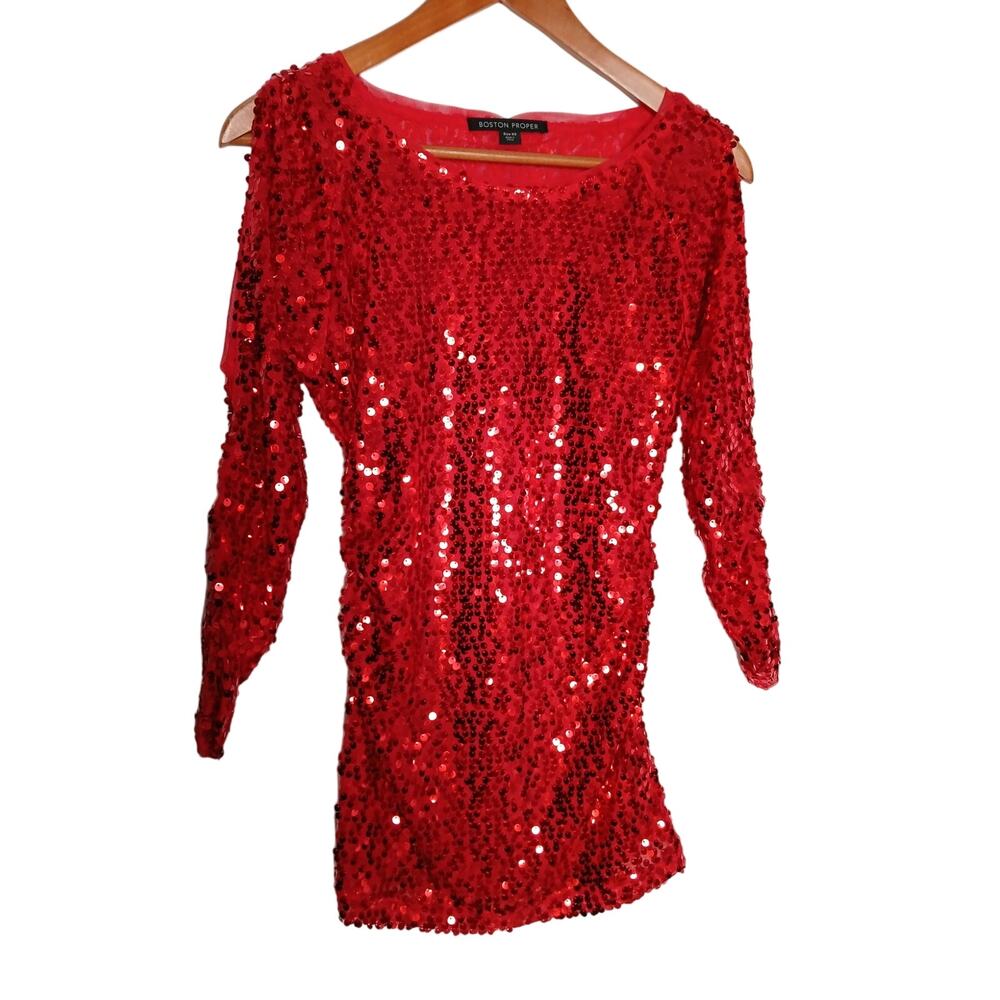 Boston Proper Red Sequin Long Sleeve Top